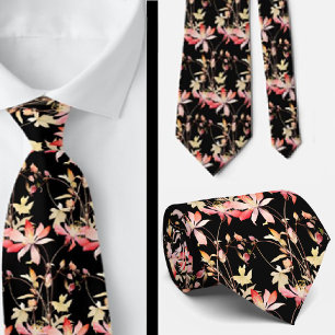 Elegant Black Red Wildflowers Neck Tie