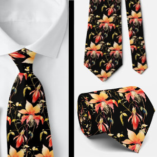 Elegant Black Red Wildflowers Neck Tie
