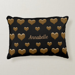 Elegant Black/Red with Brushed Gold Hearts Decorative Cushion
