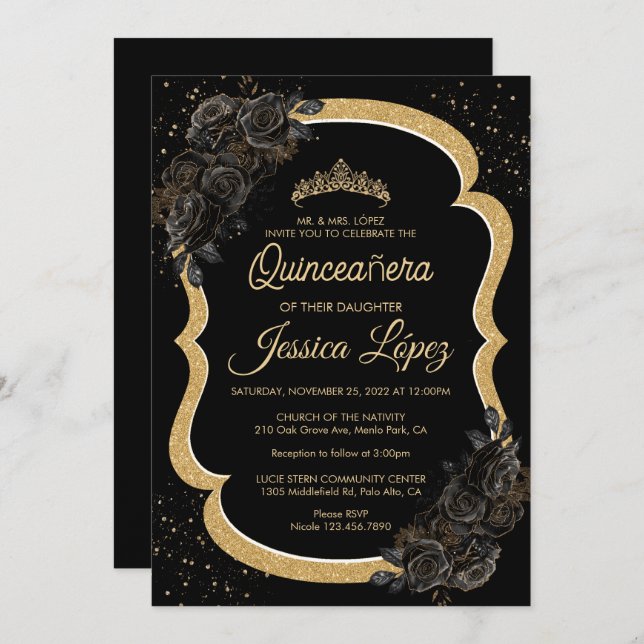Elegant Black Rose and Gold Quinceanera  Invitation (Front/Back)