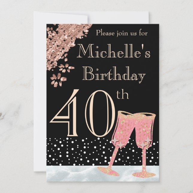 Elegant Black & Rose Gold 40th Birthday Party Invitation (Front)