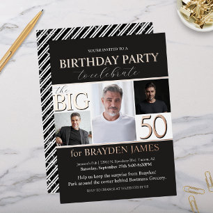 Elegant Black Rose Gold 50th Birthday Invitation