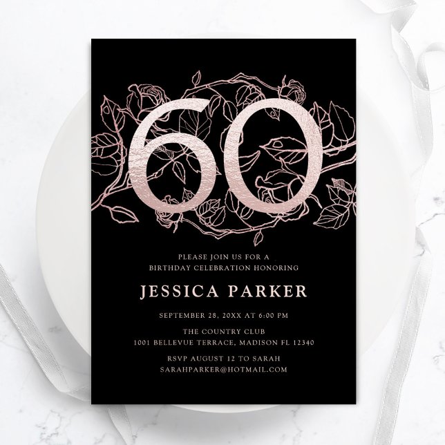 Elegant Black Rose Gold 60th Birthday Invitation (Creator Uploaded)