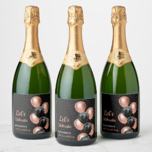 Elegant Black Rose Gold Balloon Chic  Birthday Sparkling Wine Label