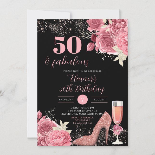 Elegant Black Rose Gold Champagne Adult Birthday Invitation (Front)