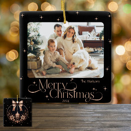 Elegant Black-Rose Gold Christmas Photo Ornament