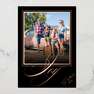 Elegant Black Rose Gold Christmas Script Photo Foil Holiday Card