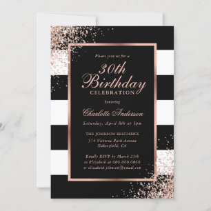 Elegant Black Rose Gold Confetti 30th Birthday Invitation