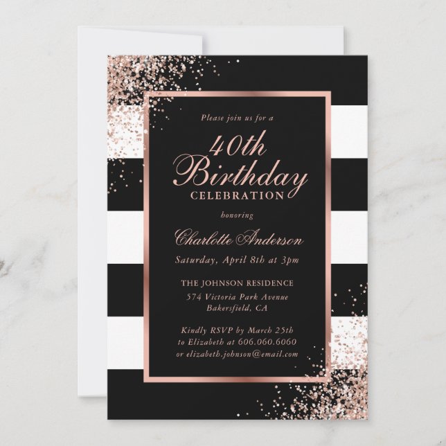 Elegant Black Rose Gold Confetti 40th Birthday Invitation (Front)