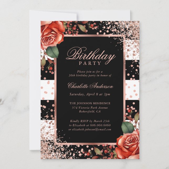 Elegant Black Rose Gold Confetti Floral Birthday Invitation (Front)