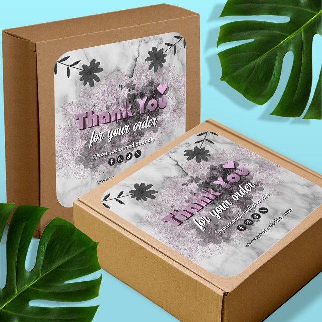 Elegant Black Rose Gold Custom Business Thank You Square Sticker (Creator Uploaded)