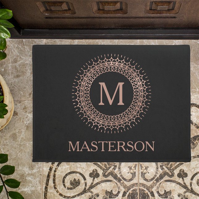 Elegant Black & Rose Gold Family Name Monogram Doormat (Creator Uploaded)