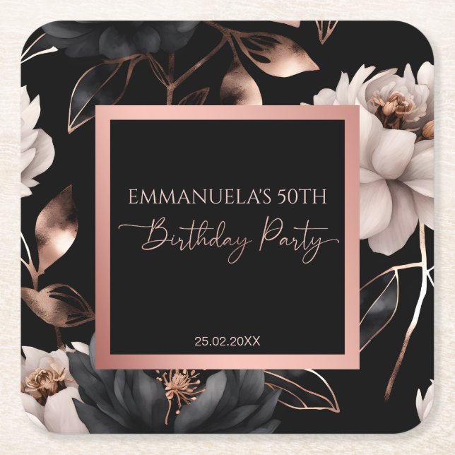 Elegant black rose gold floral birthday favours square paper coaster (Front)