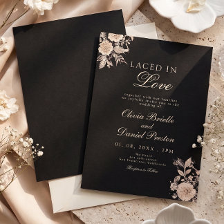 Elegant Black Rose Gold Floral Lace Wedding Invitation