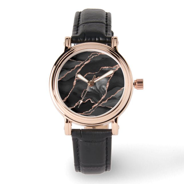 Elegant Black Rose Gold Foil Agate Watch (Front)