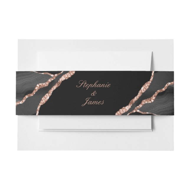 Elegant Black Rose Gold Foil Agate Wedding Invitation Belly Band (Front Example)