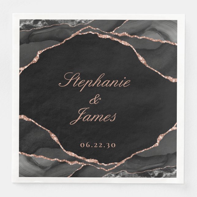 Elegant Black Rose Gold Foil Agate Wedding Napkin (Front)