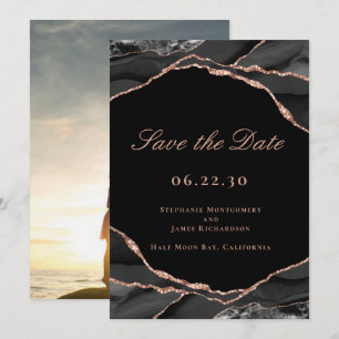 Elegant Black Rose Gold Foil Agate Wedding Photo Save The Date
