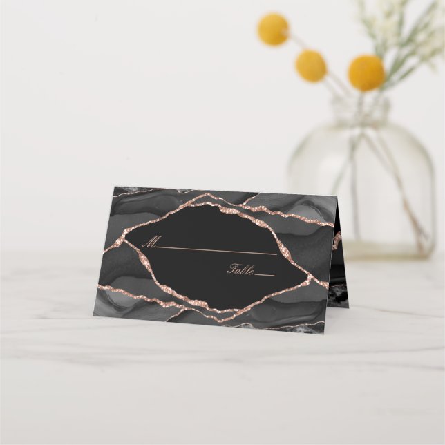 Elegant Black Rose Gold Foil Agate Wedding Place Card (Front)