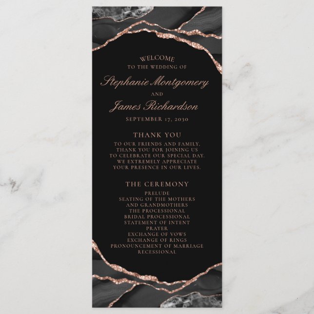 Elegant Black Rose Gold Foil Agate Wedding Programme (Front)