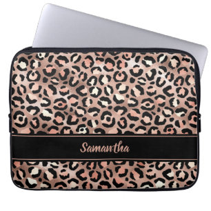 Elegant Black Rose Gold Foil Leopard Print Custom Laptop Sleeve