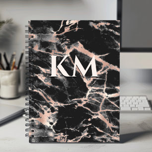Elegant black rose gold girly marble art monogram notebook
