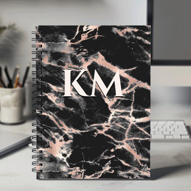 Elegant black rose gold girly marble art monogram  notebook (Creator Uploaded)