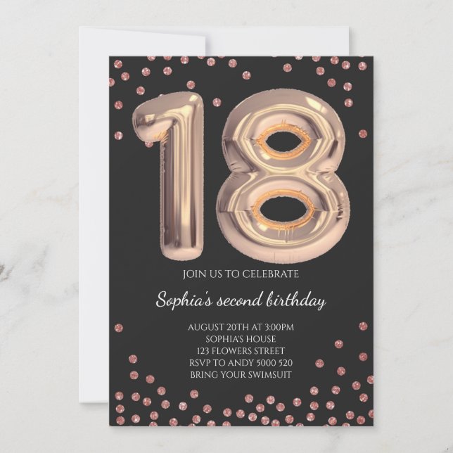 Elegant Black Rose Gold Glitter 18th Girl Birthday Invitation (Front)