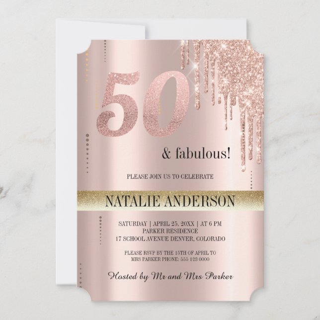 Elegant Black rose Gold  Glitter 50th Birthday  Invitation (Front)