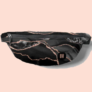 Elegant Black Rose Gold Glitter Agate Marble Bum Bags