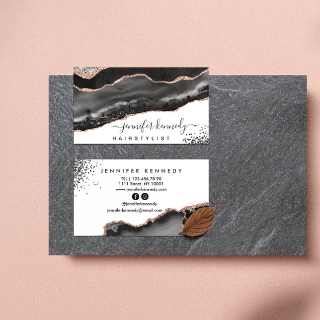 Elegant Black Rose Gold Glitter Agate Marble Business Card (Creator Uploaded)