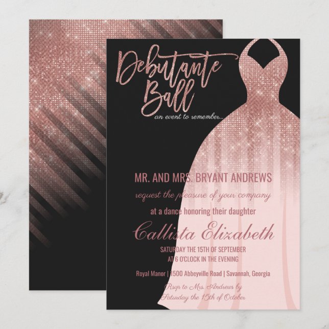 Elegant Black Rose Gold Glitter Dress Debutante Invitation (Front/Back)