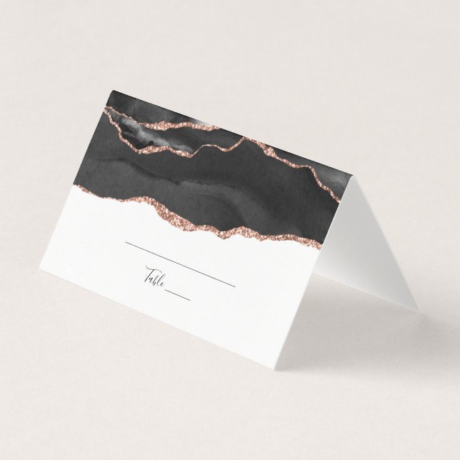 Elegant Black Rose Gold Glitter Folded Place Card (Front)