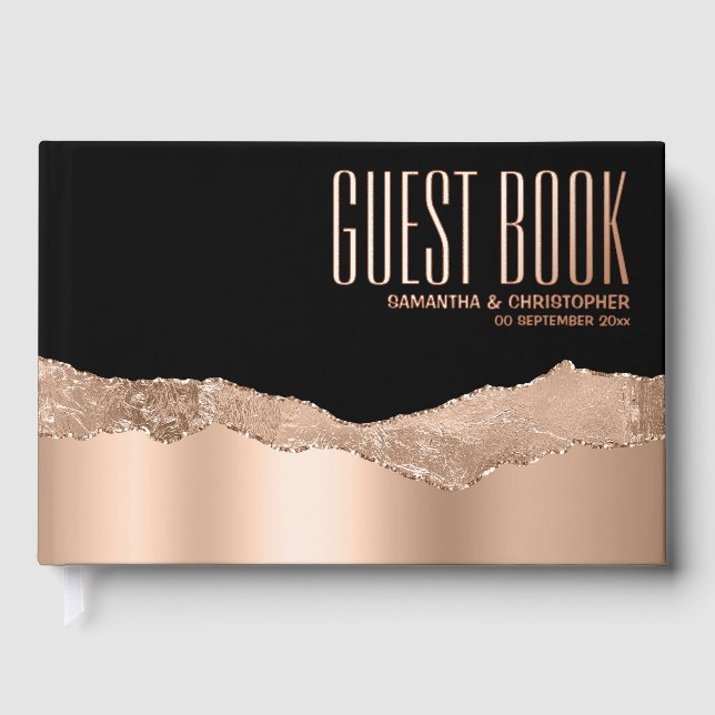 Elegant black rose gold glitter strip luxury foil guest book (Front)