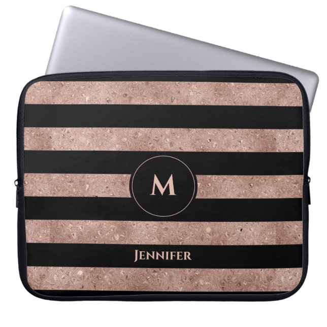 Elegant Black Rose Gold Glitter Striped Monogram Laptop Sleeve (Front)