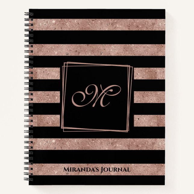 Elegant Black Rose Gold Glitter Striped Monogram Notebook (Front)