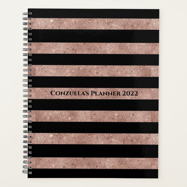 Elegant Black Rose Gold Glitter Striped Planner (Front)