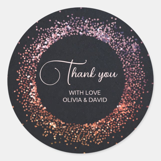 Elegant Black Rose Gold Glitter Thank You Classic Round Sticker (Front)