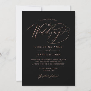 Elegant Black Rose Gold Modern Script Wedding Invitation