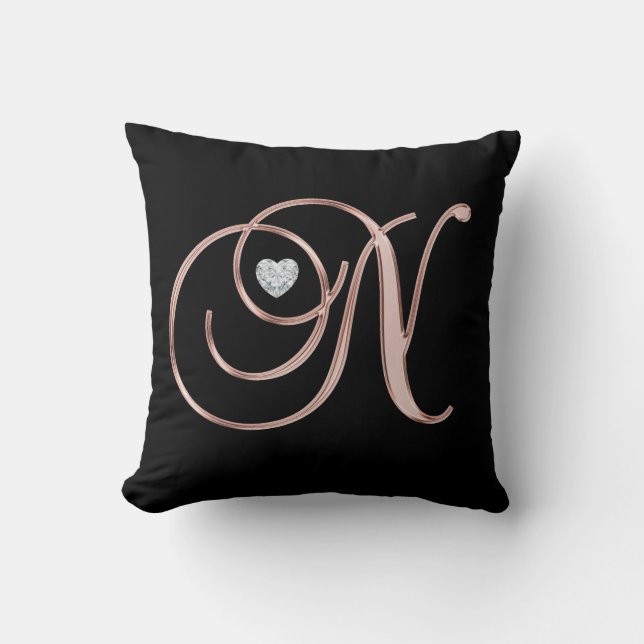 Elegant Black Rose Gold Monogram Letter 'N ' Cushion (Front)
