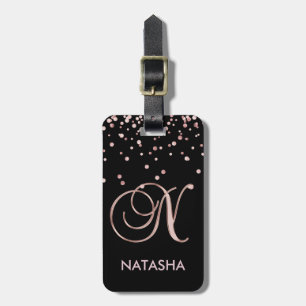 Elegant Black Rose Gold Monogram Name Letter 'N' Luggage Tag