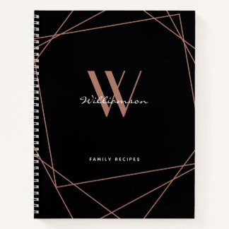 Elegant Black Rose Gold Monogram Name Recipe Notebook