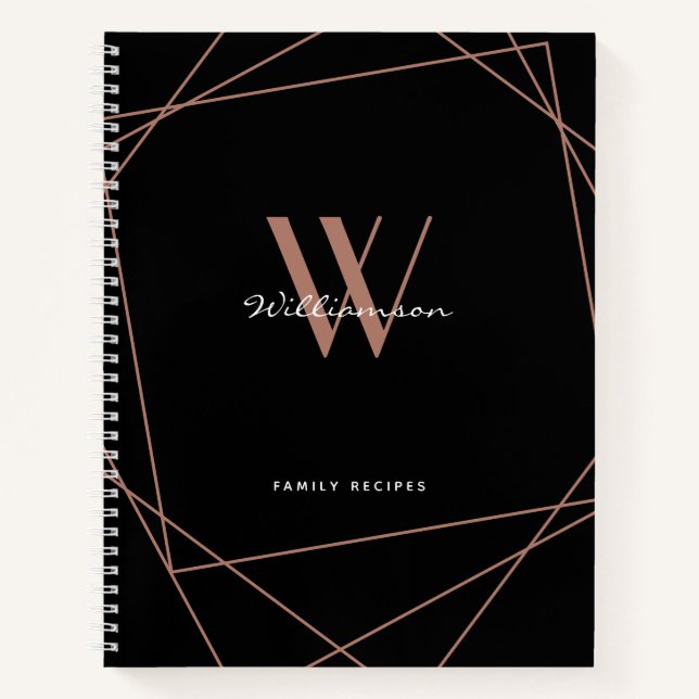 Elegant Black Rose Gold Monogram Name Recipe Notebook (Front)