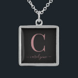 Elegant Black Rose Gold Monogram Name Sterling Silver Necklace<br><div class="desc">Chic Elegant Pink Rose Gold Monogram Script necklace on a chic black background. Easy to customise with your own name and details. Perfect for your luxury lifestyle! Please contact us at cedarandstring@gmail.com if you need assistance with the design or matching products.</div>