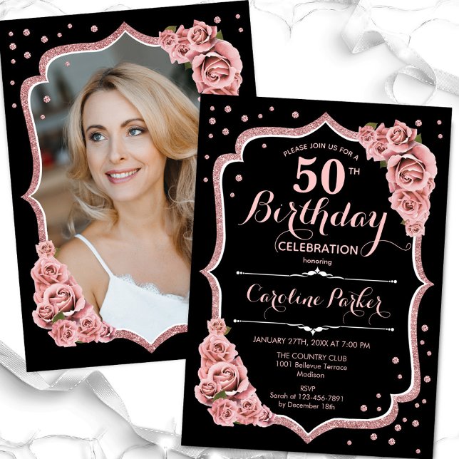 Elegant Black Rose Gold Photo 50th Birthday Invitation (Creator Uploaded)
