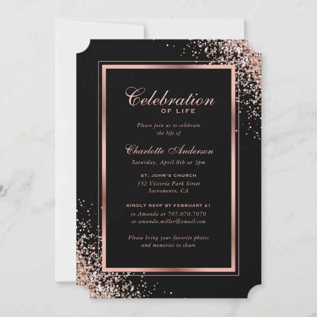 Elegant Black Rose Gold Photo Celebration of Life Invitation (Front)