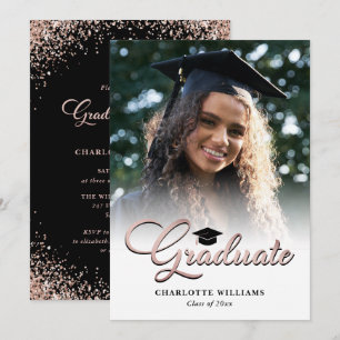 Elegant Black Rose Gold Photo Graduation Party Invitation