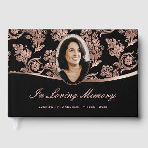 Elegant Black Rose Gold Photo Memorial Funeral Guest Book