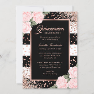 Elegant Black Rose Gold Pink Floral Quinceañera Invitation