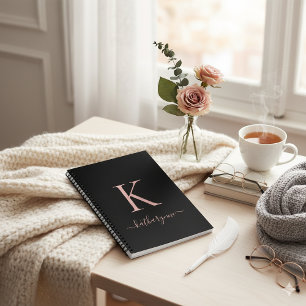 Elegant Black Rose Gold Pink Monogram Name Notebook